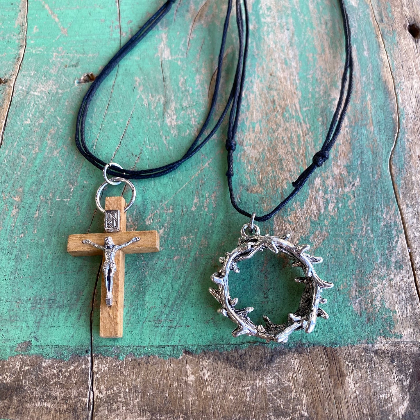 Crown of Thorns/Wood Crucifix Cord Necklace