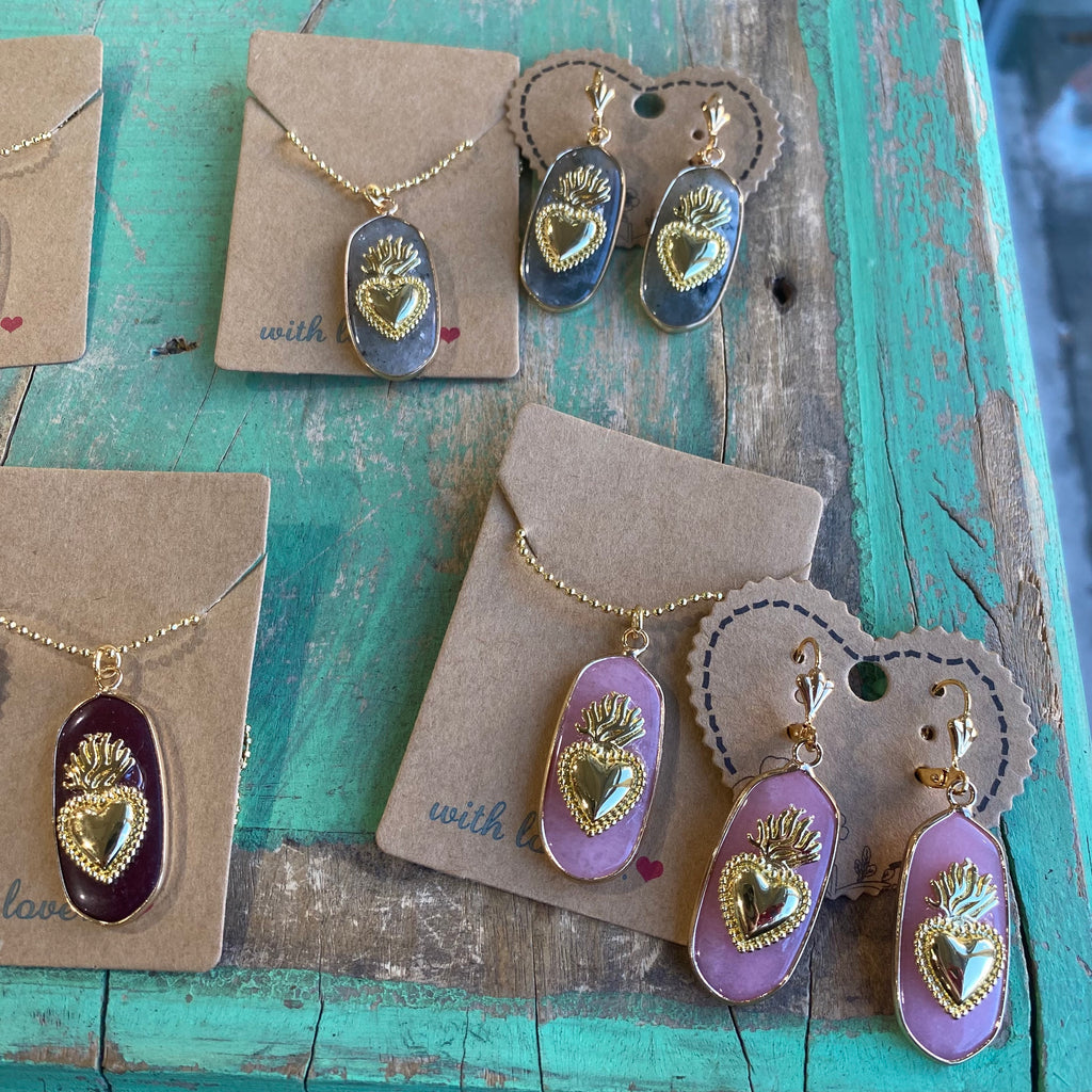 Hannah Natural Stone Sacred Heart Necklace or Earrings