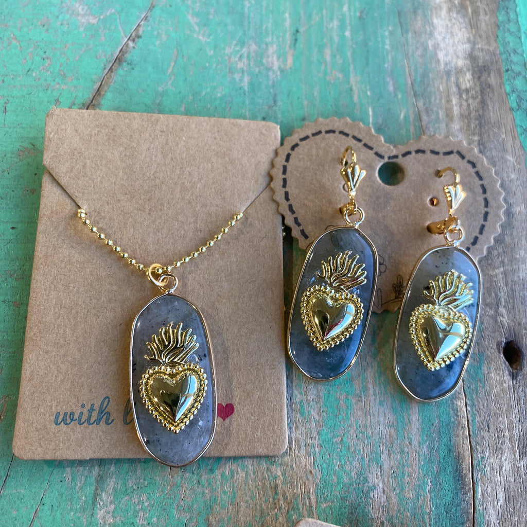Hannah Natural Stone Sacred Heart Necklace or Earrings