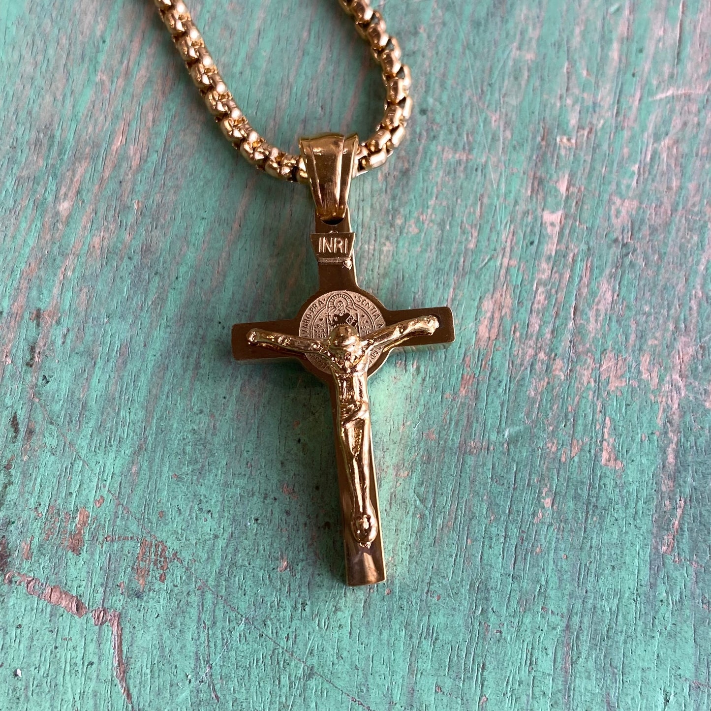 Gold Stainless Steel St Benedict Crucifix Chain