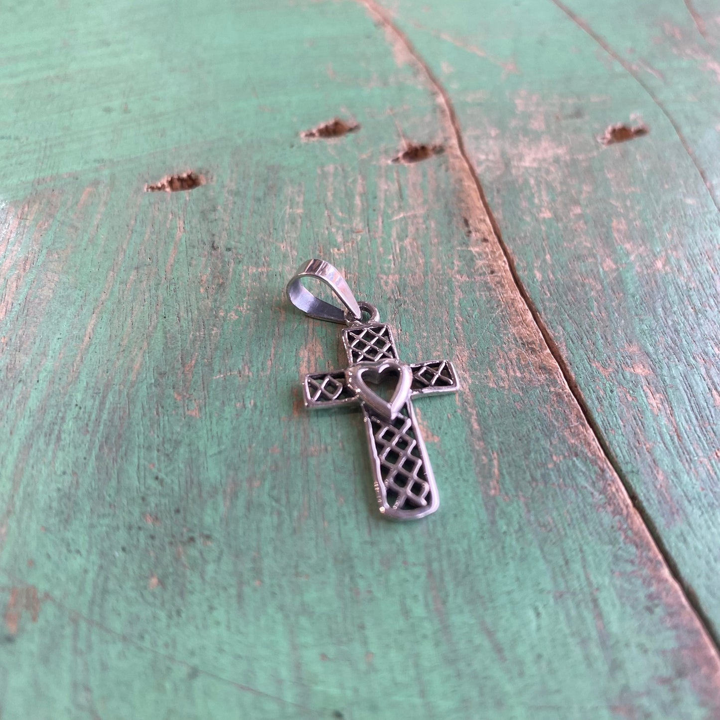 Sterling Silver Cross with Cutout Heart Pendent