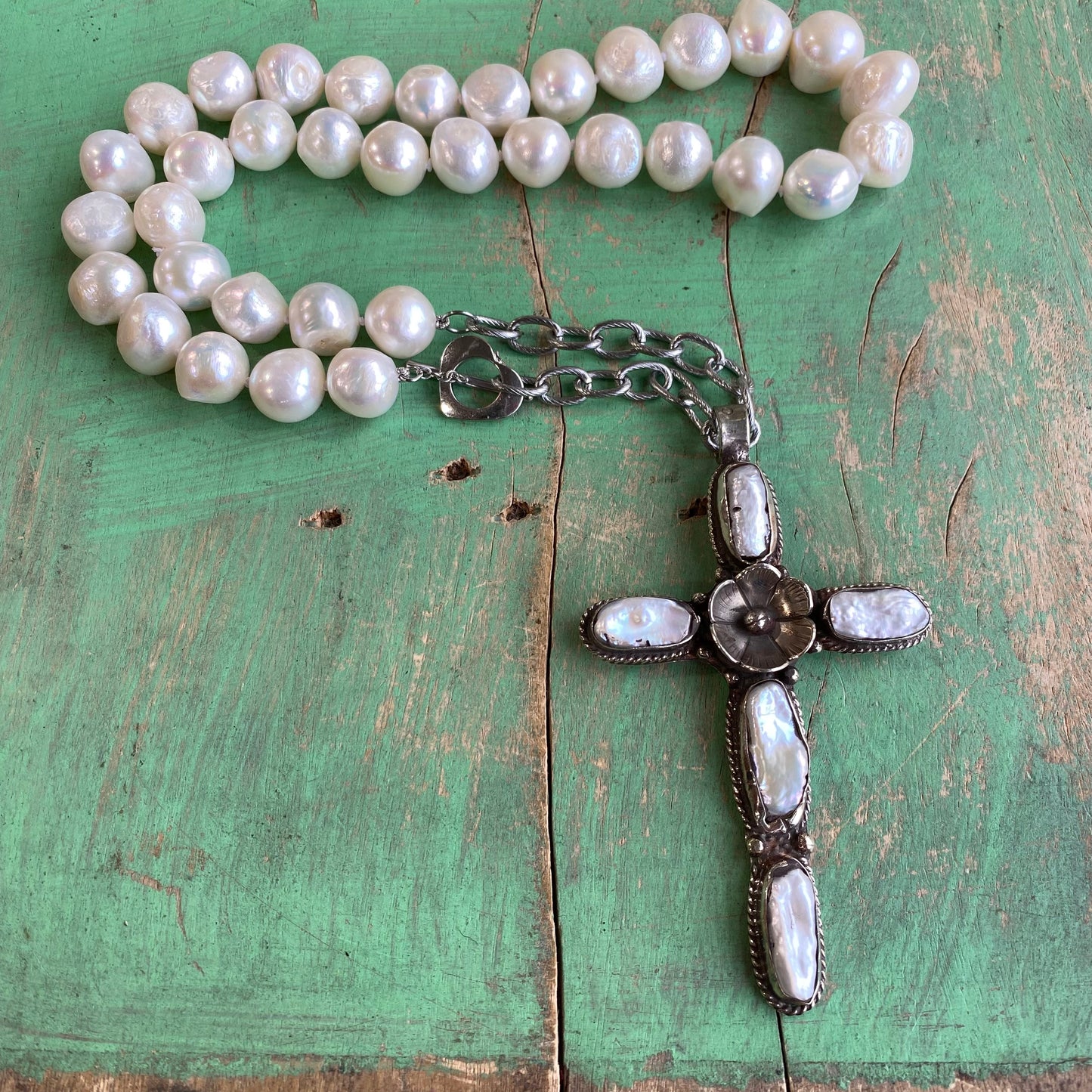 Toggle Clasp Freshwater Pearl Cross Necklace