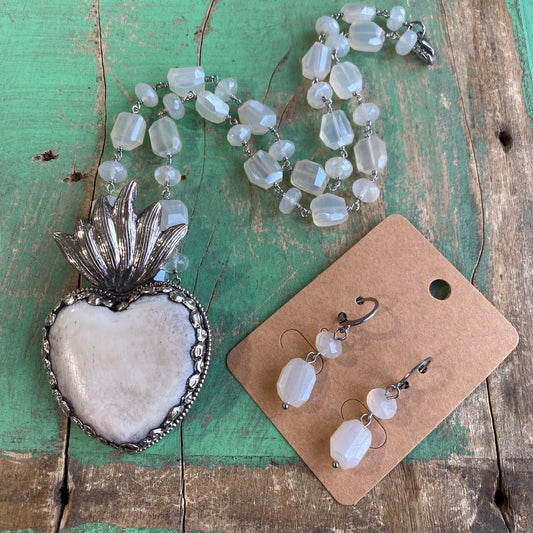 Chalcedony Stone Sacred Heart Necklace and Earrings