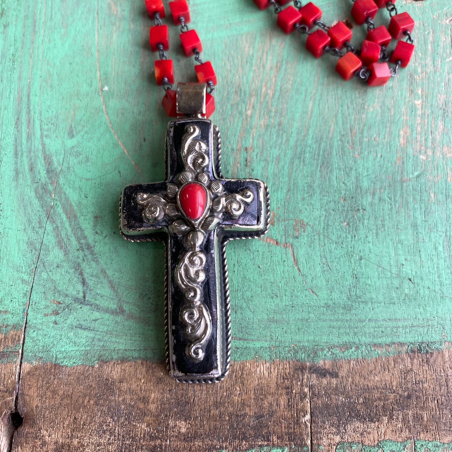 Bamboo Coral Cross Necklace and Earrings