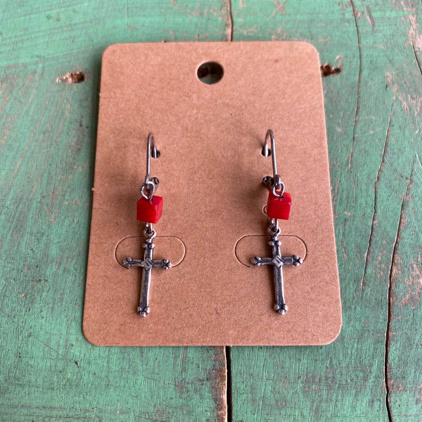 Bamboo Coral Cross Necklace and Earrings