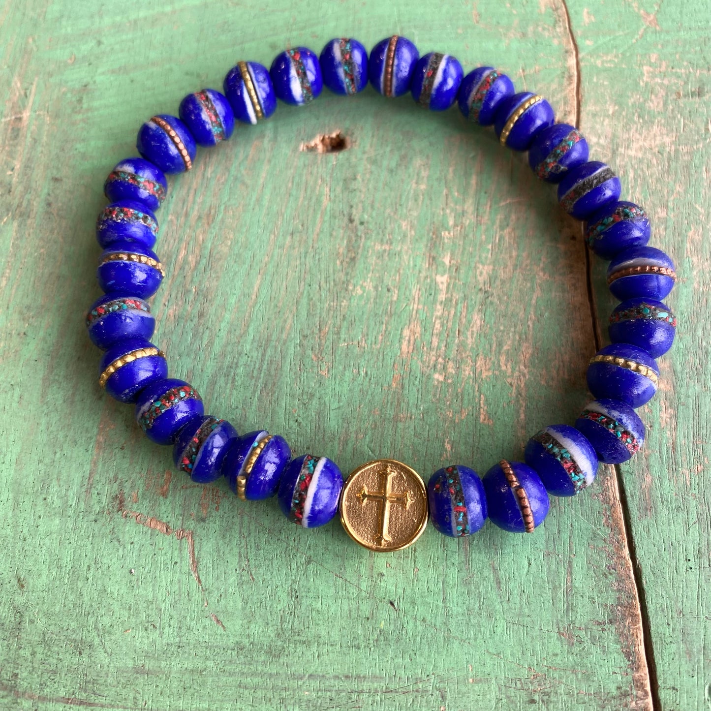 Men of Faith Blue Nepal Prayer Cross Bracelet