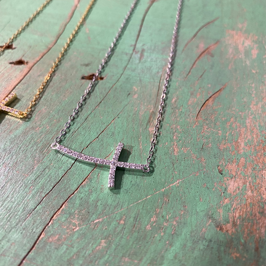 Cubic Zirconia Sideways Cross Sterling Silver Necklace