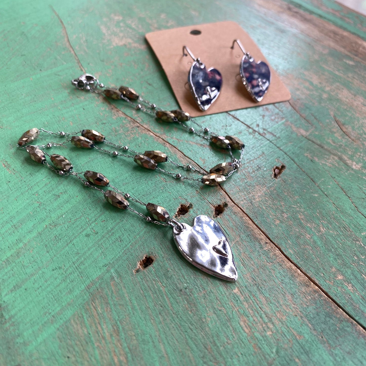 Crystal Chain Heart Necklace and Earrings