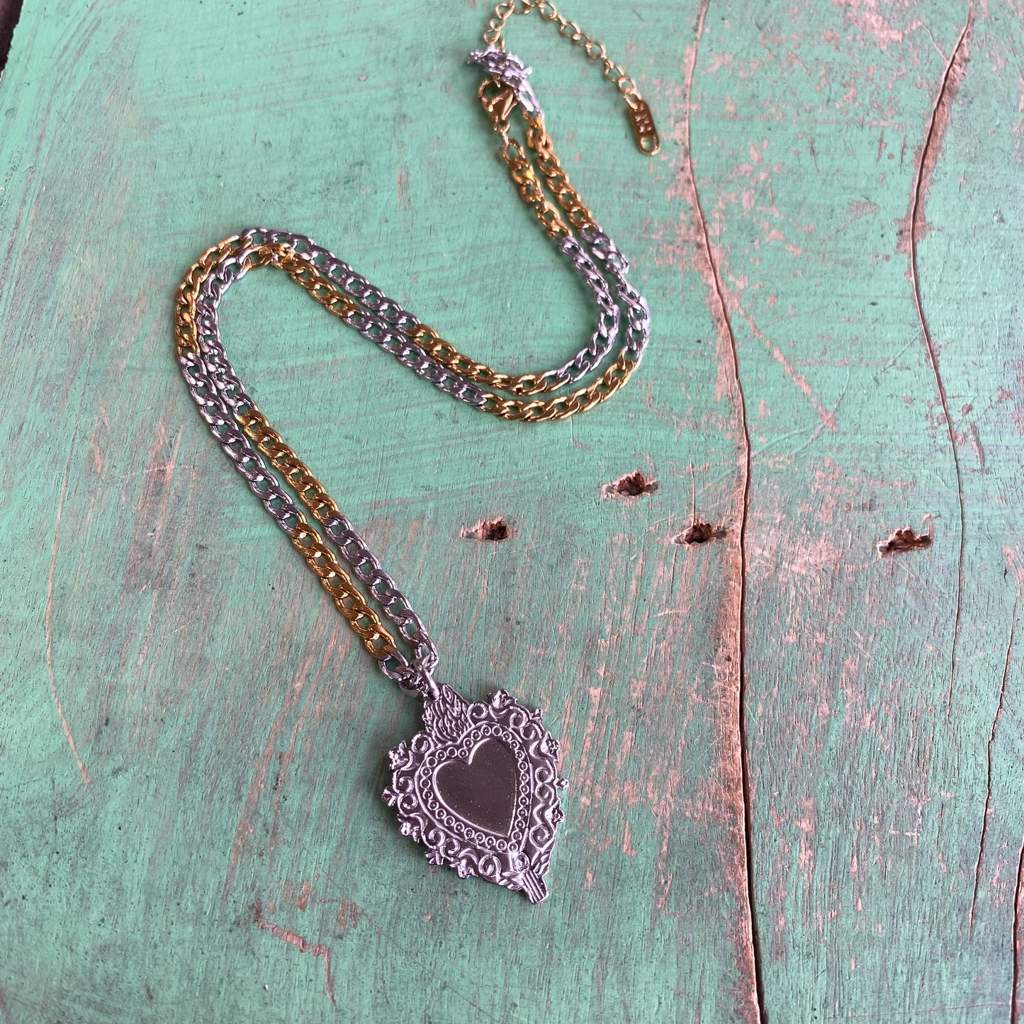 Two-tone Sacred Heart Cuban Link Chain Set
