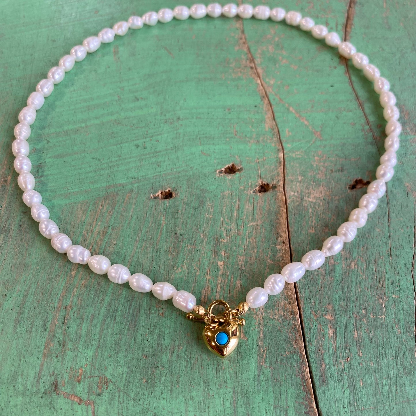 Girl's Freshwater Pearl and Turquoise Heart Necklace