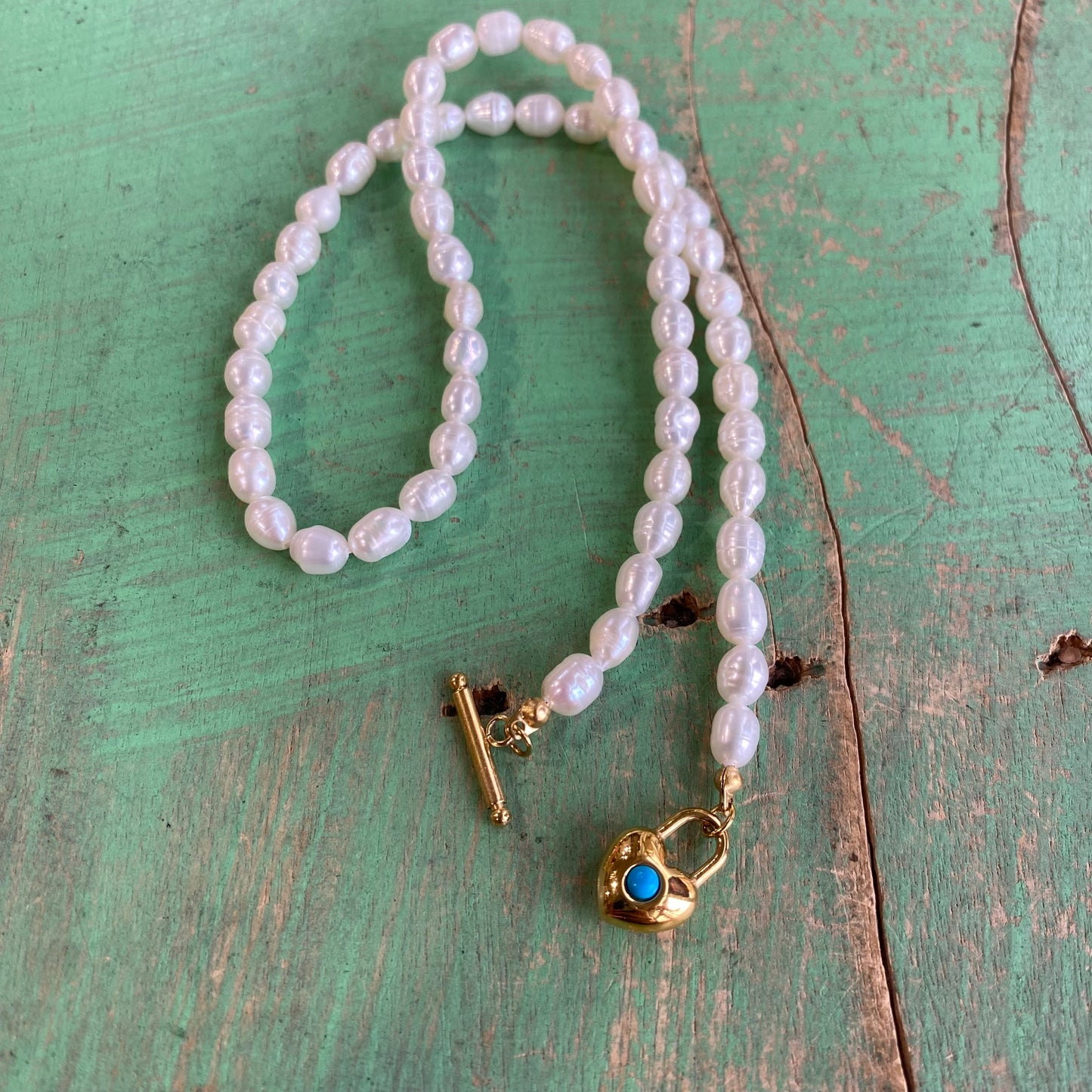 Girl's Freshwater Pearl and Turquoise Heart Necklace