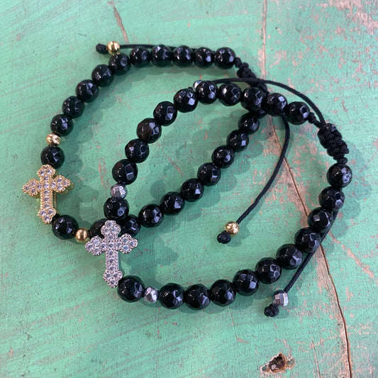 Black Crystal Sideways Cross Bracelet