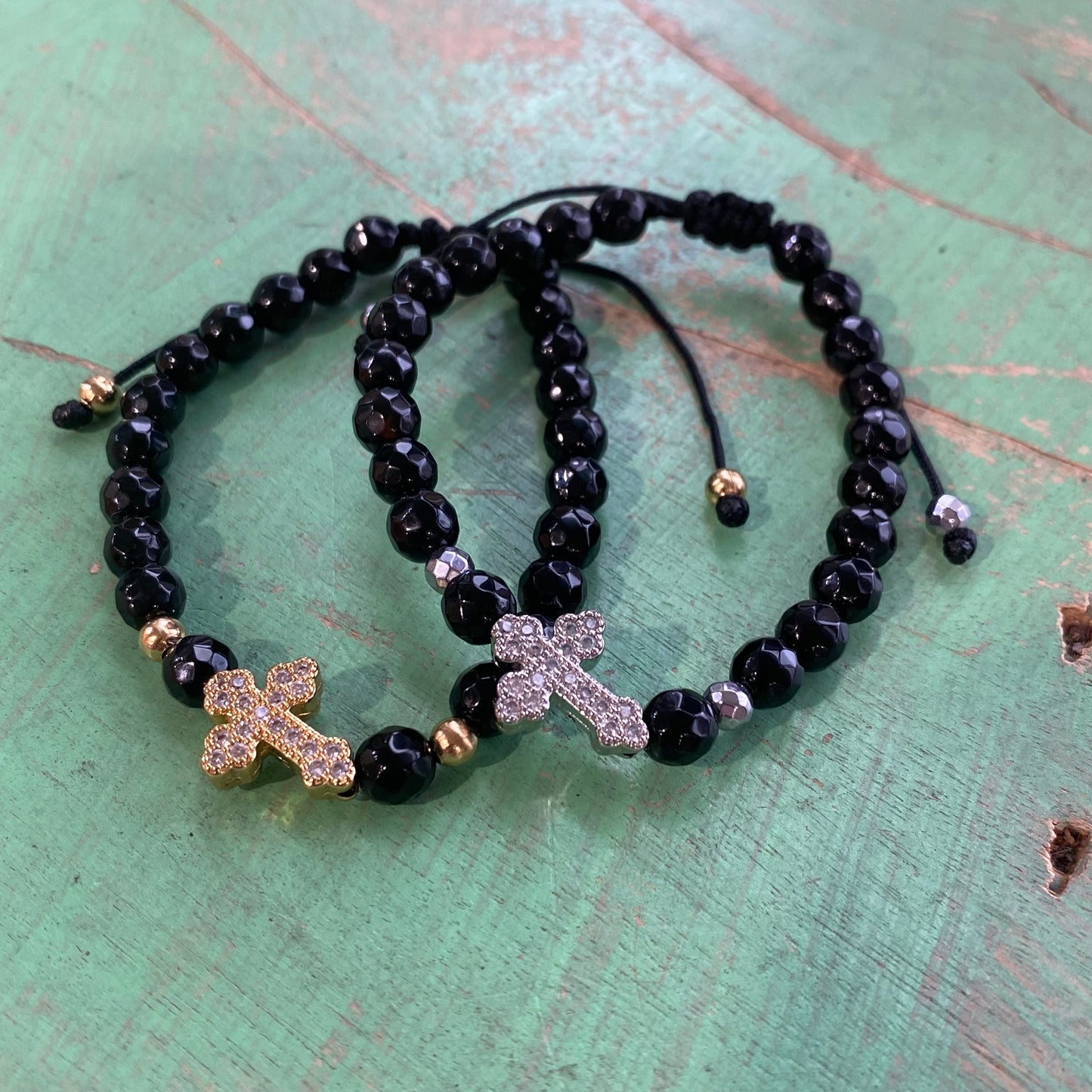 Black Crystal Sideways Cross Bracelet
