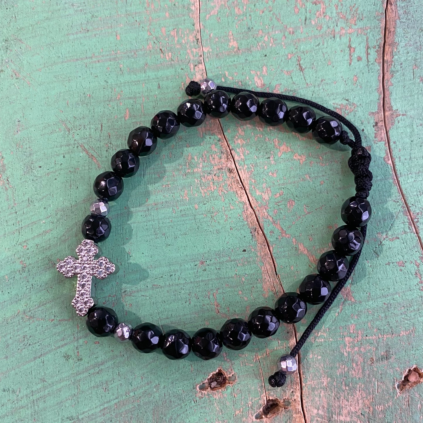 Black Crystal Sideways Cross Bracelet