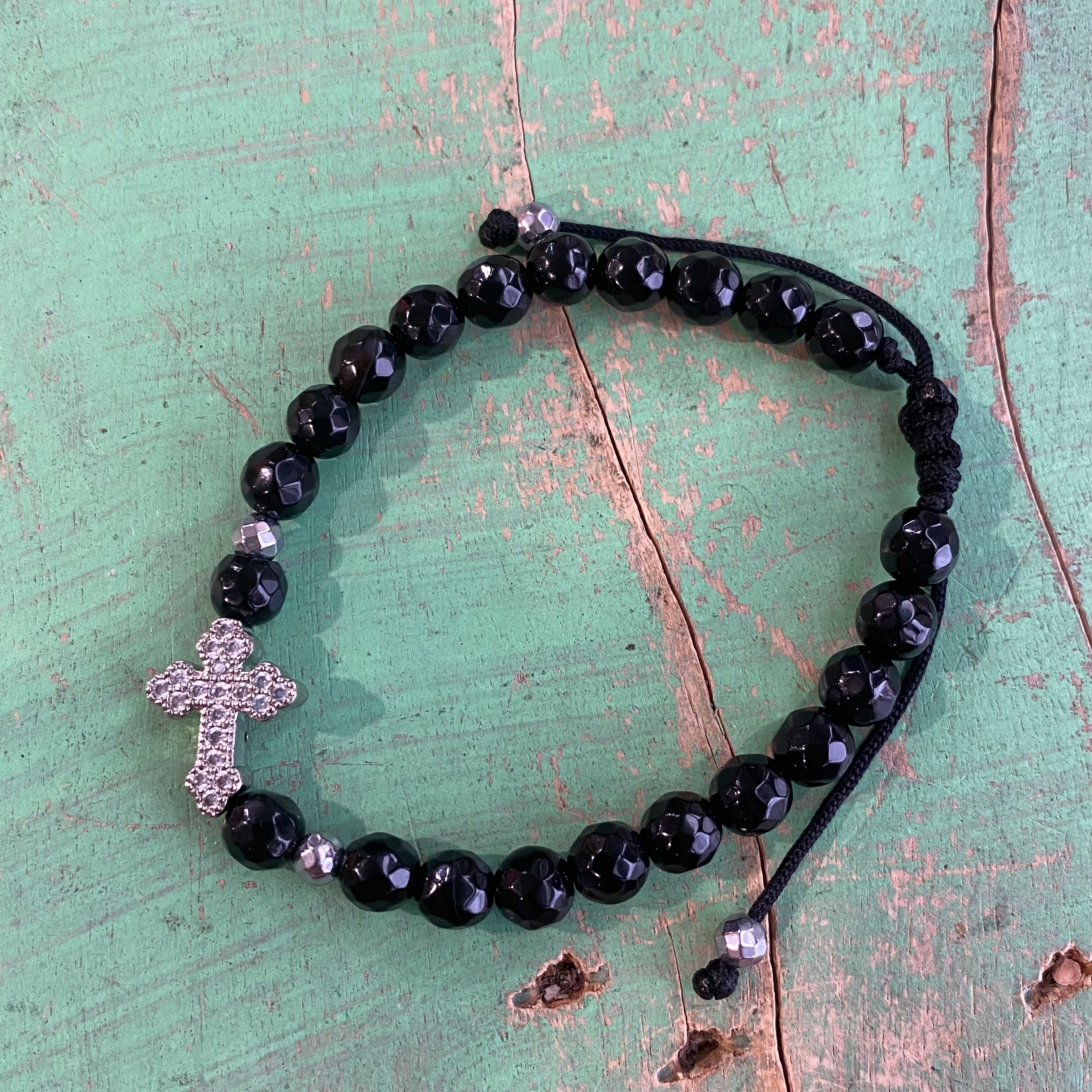 Black Crystal Sideways Cross Bracelet