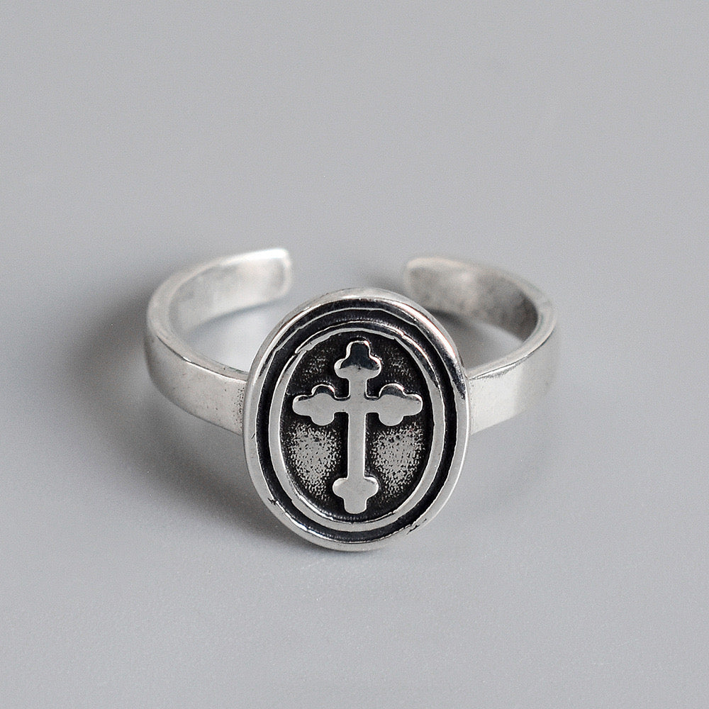 Sterling Silver Oval Cross Adjustable Ring