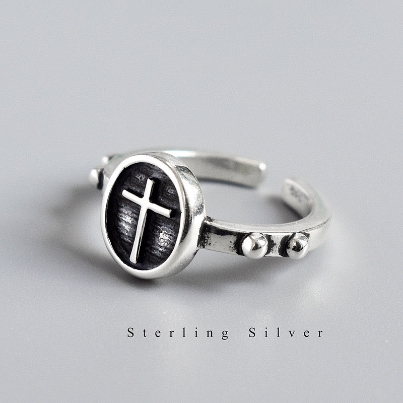 Sterling Silver Oval Cross Adjustable Ring