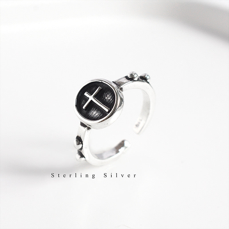 Sterling Silver Oval Cross Adjustable Ring