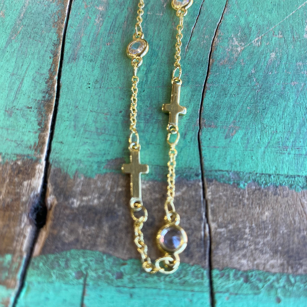 Sweet Sideways Cross Gold CZ Necklace