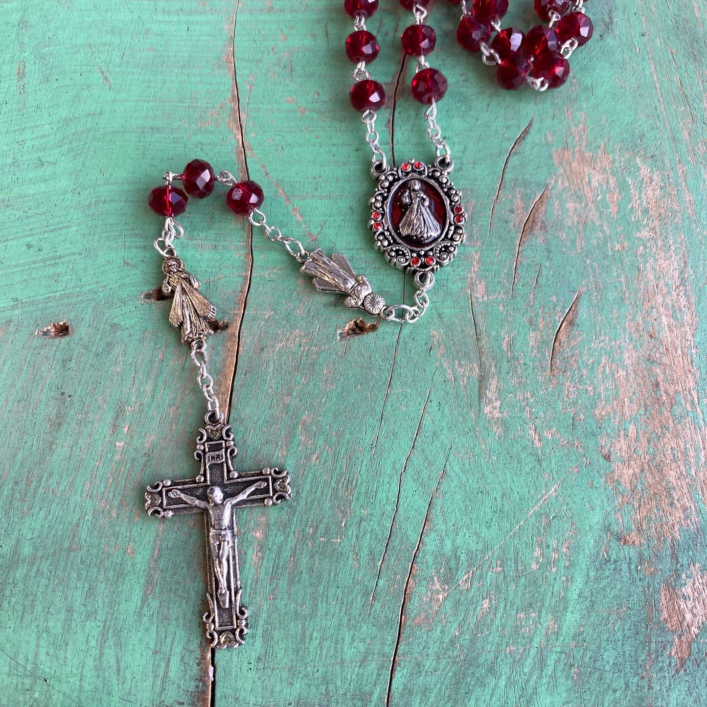 Red Divine Mercy Crystal Rosary