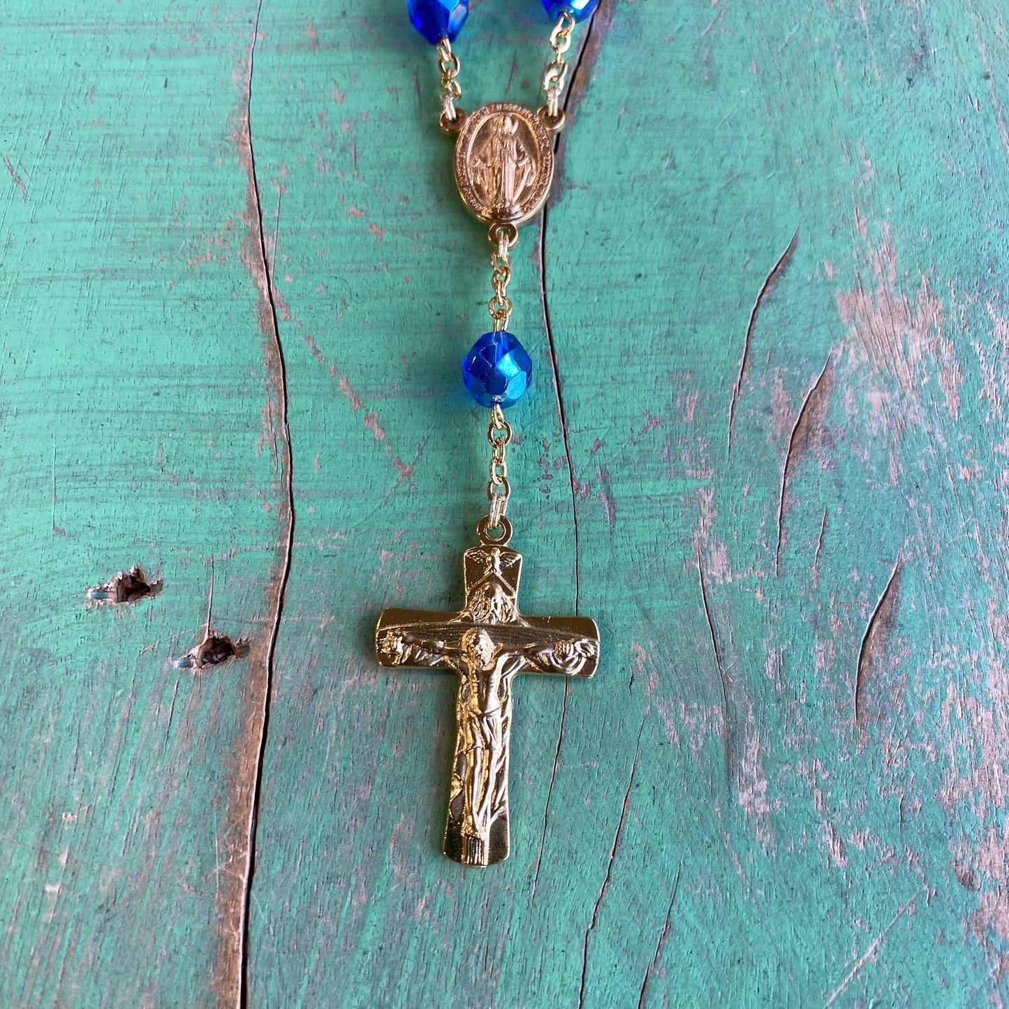 Miraculous Medal Crystal Blue Decade Rosary