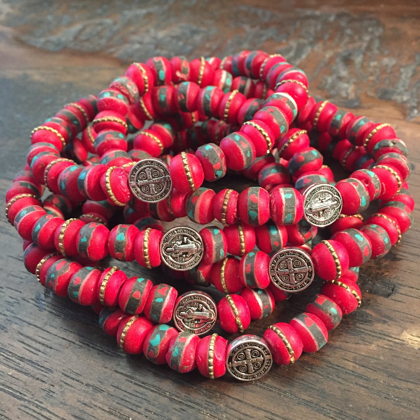 Men of Faith St. Benedict Red Prayer Bead Bracelet