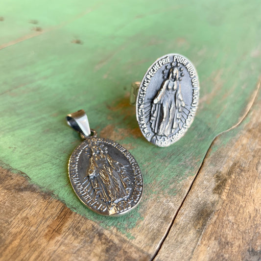 Sterling Silver Big Miraculous Medal Pendant and Ring