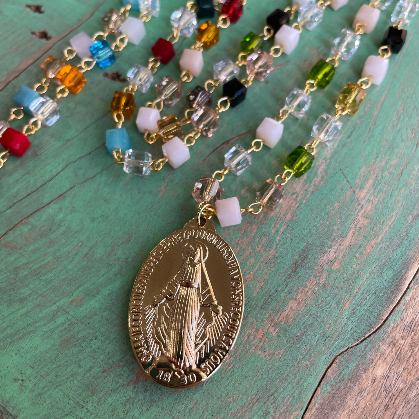 Colorful Square Bead Miraculous Medal Necklace and Earrings