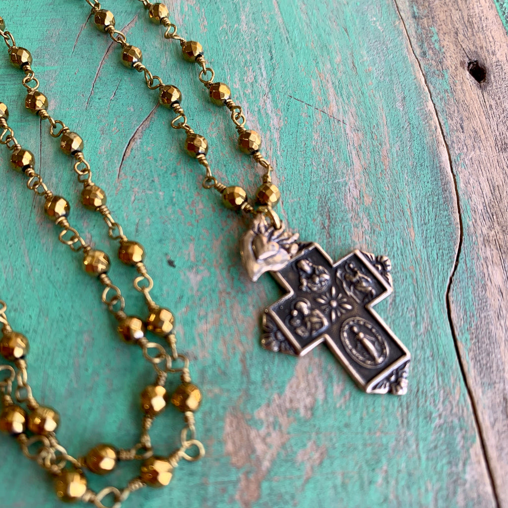 Long Gold Hematite 4 Way Cross Necklace