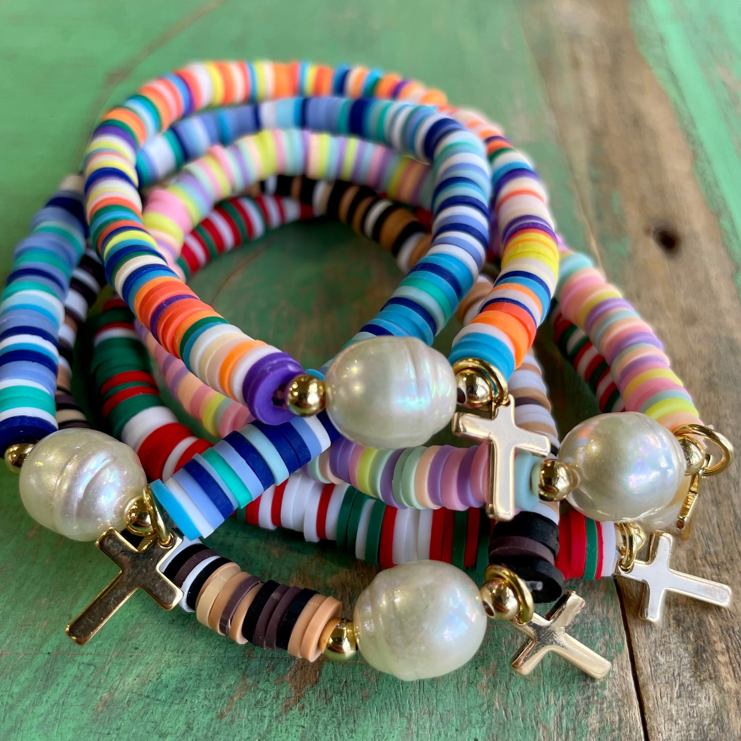 Heishi Colorful Bead and Cross Bracelet