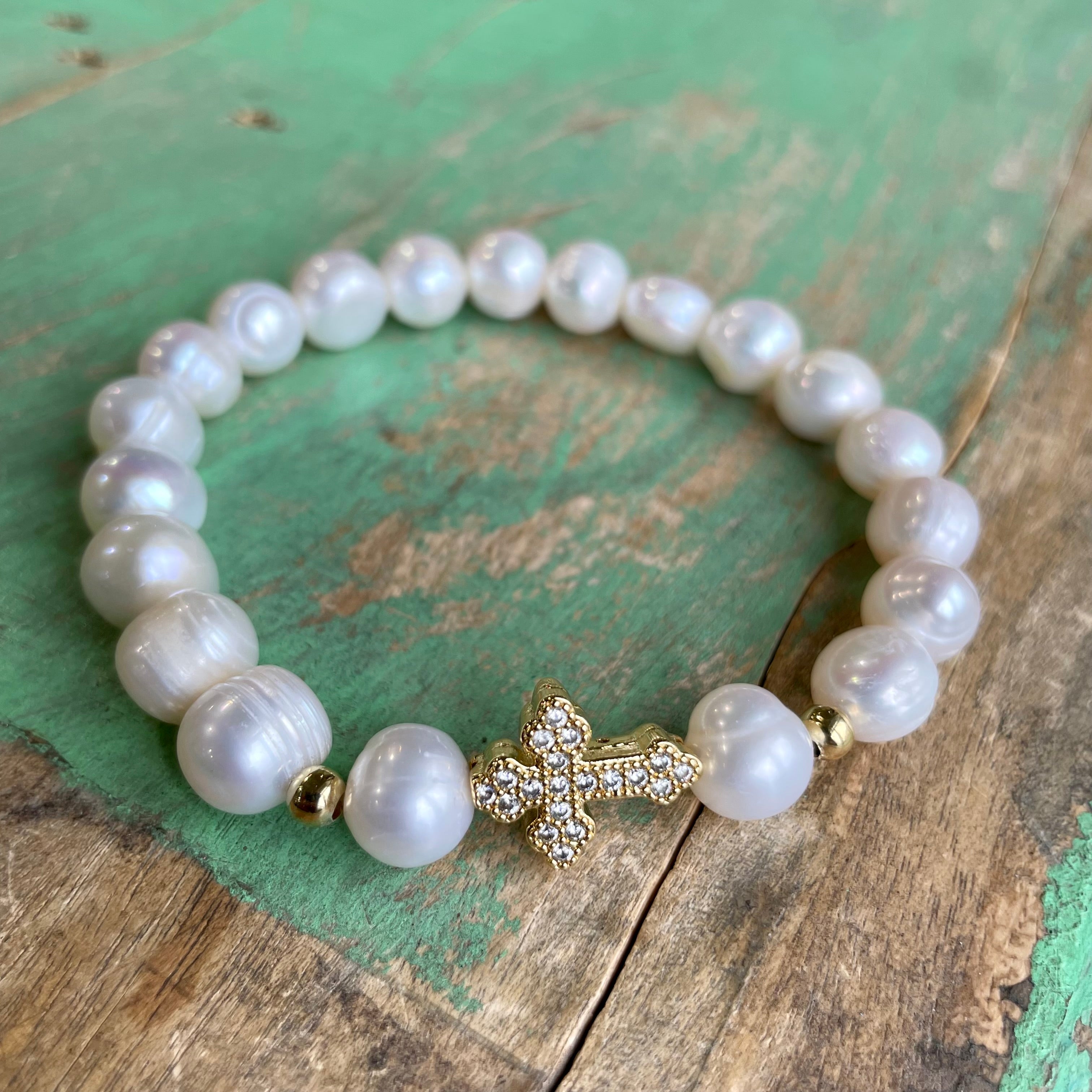 Freshwater Pearl CZ Cross Bracelet