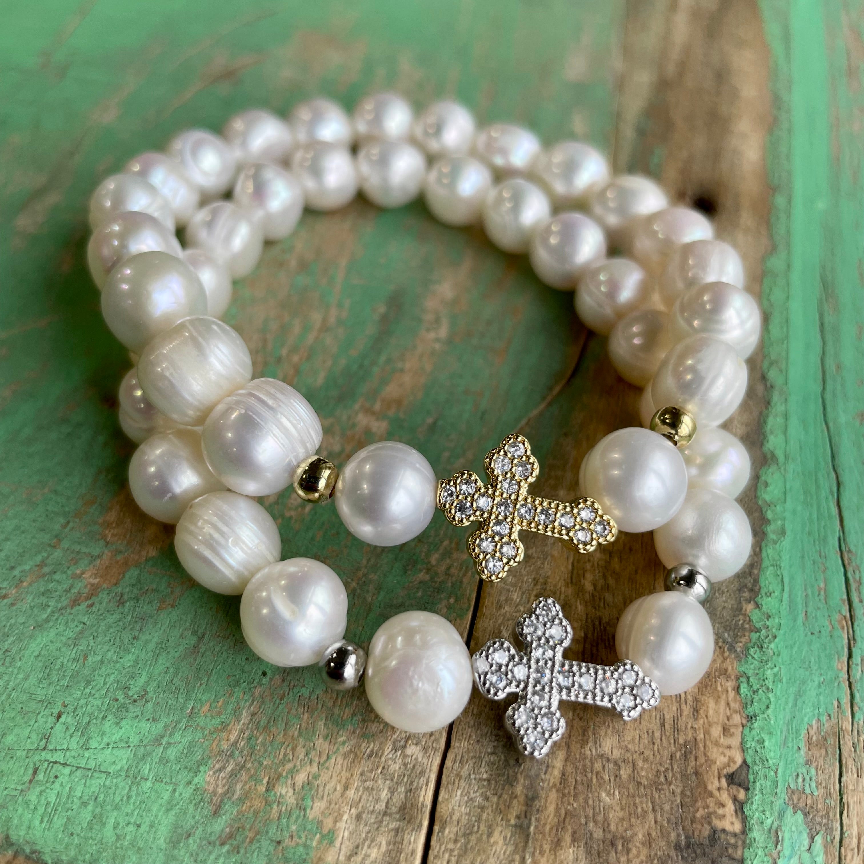 Freshwater Pearl CZ Cross Bracelet