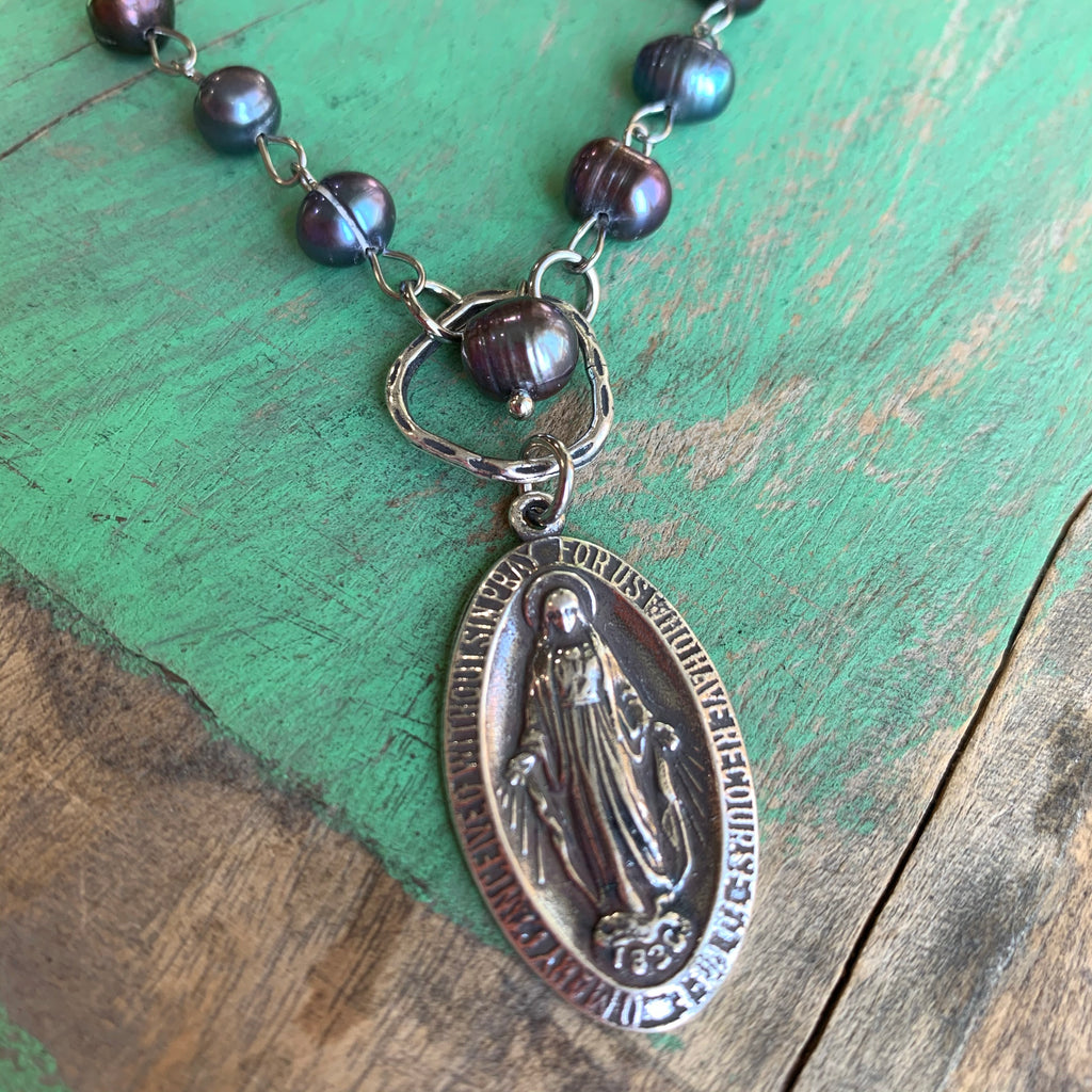 Prussian Blue Pearl Miraculous Medal Set