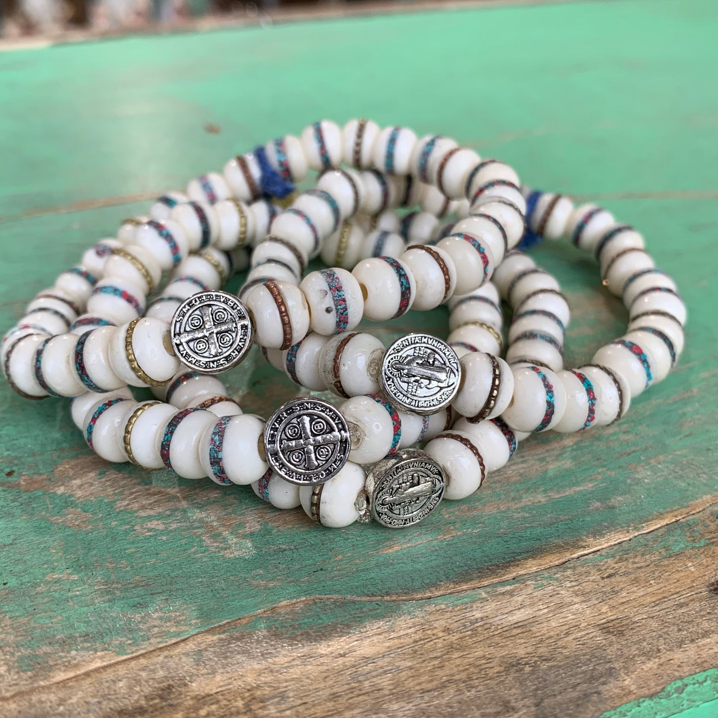 Men of Faith St. Benedict Beige Prayer Bead Bracelet