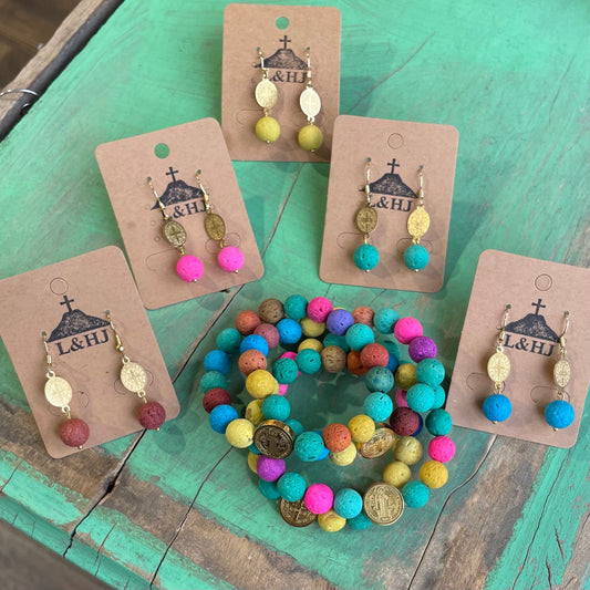 Colorful Lava Bead St Benedict Bracelet and Earrings