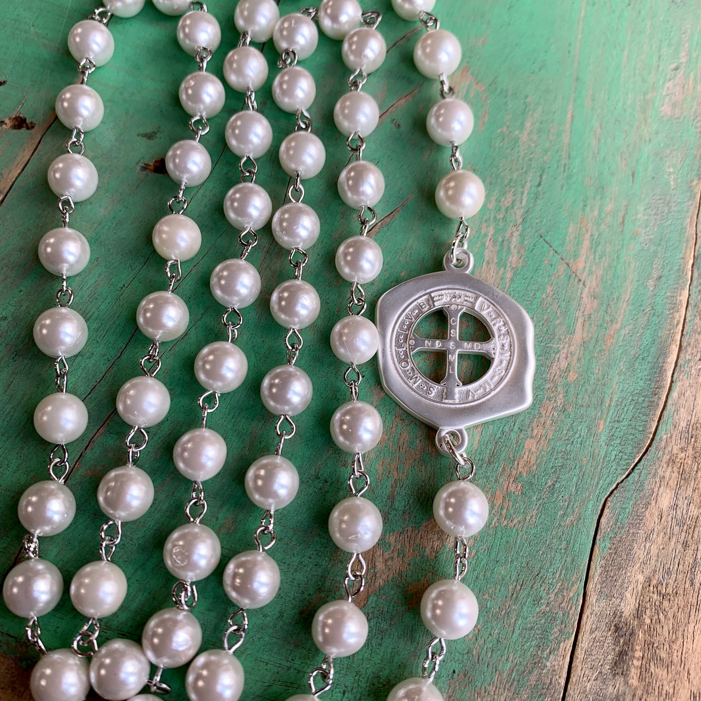 St Benedict Link Pearl Necklace and Earrings