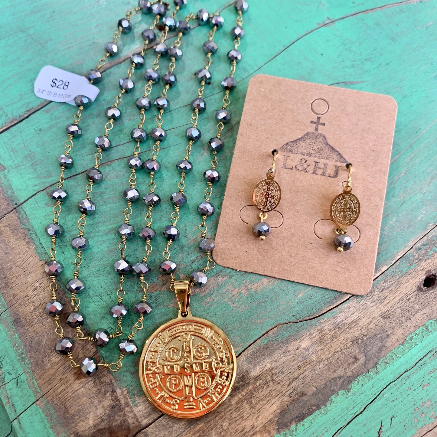 Grey Crystal St Benedict Necklace and Earrings