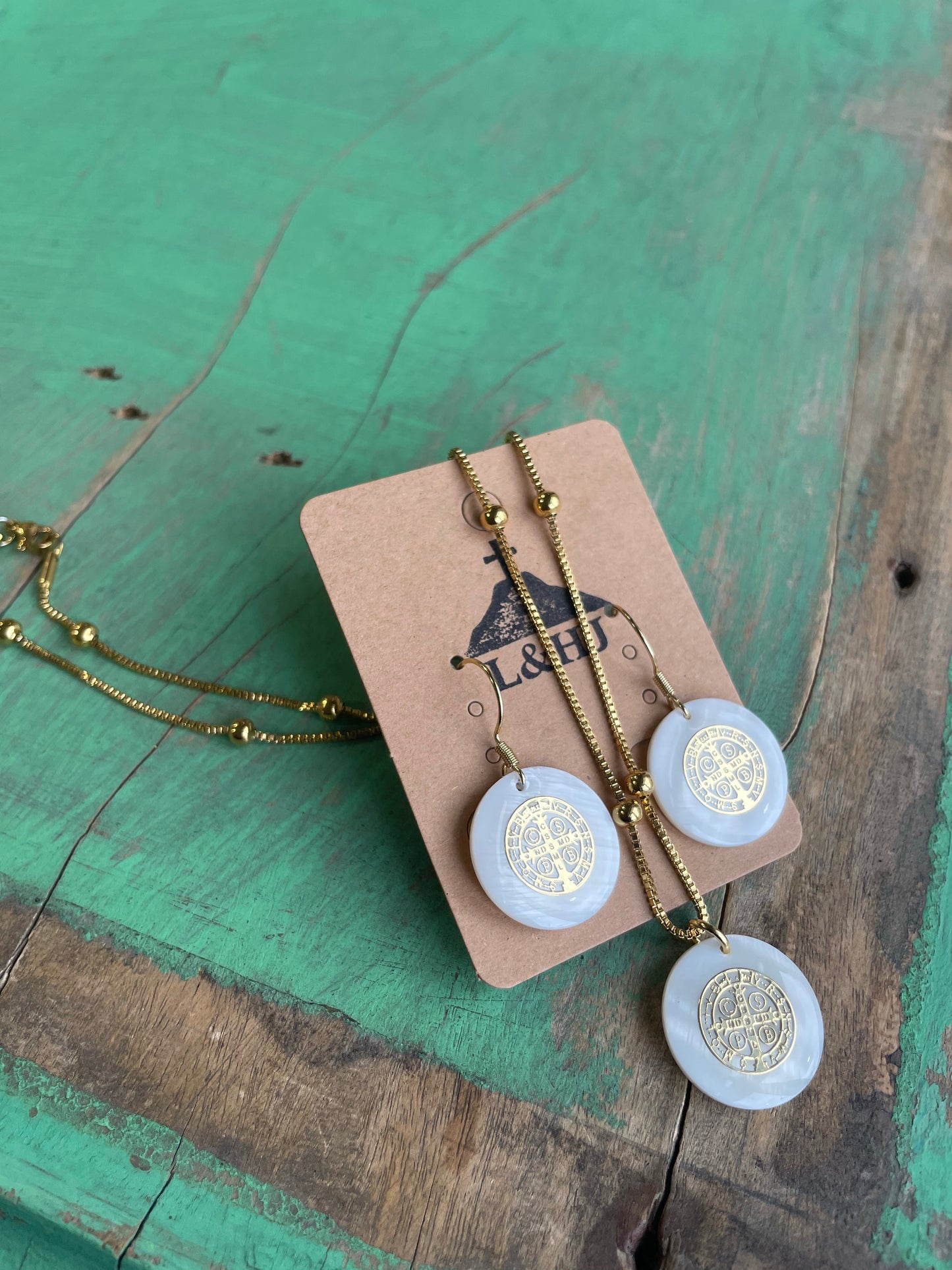 Mother of Pearl St Benedict Necklace and Earrings