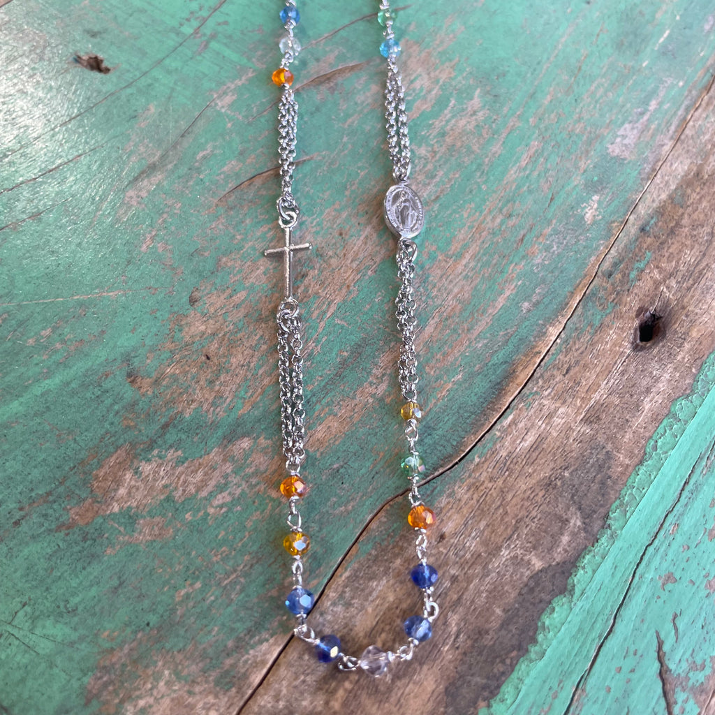 Sterling Silver Multi Color Rosary Inspired Necklace