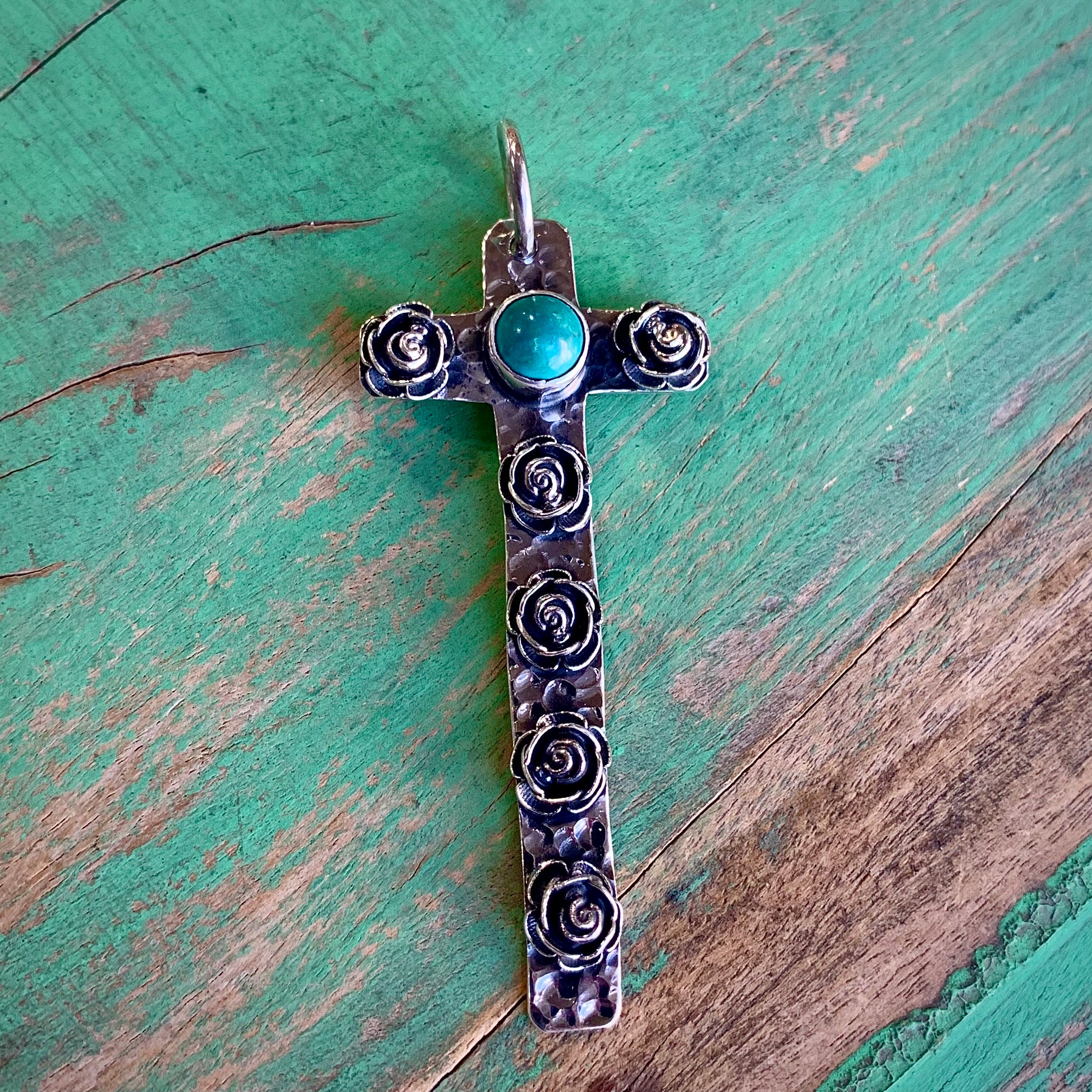 Sterling Silver Rose Cross and Turquoise