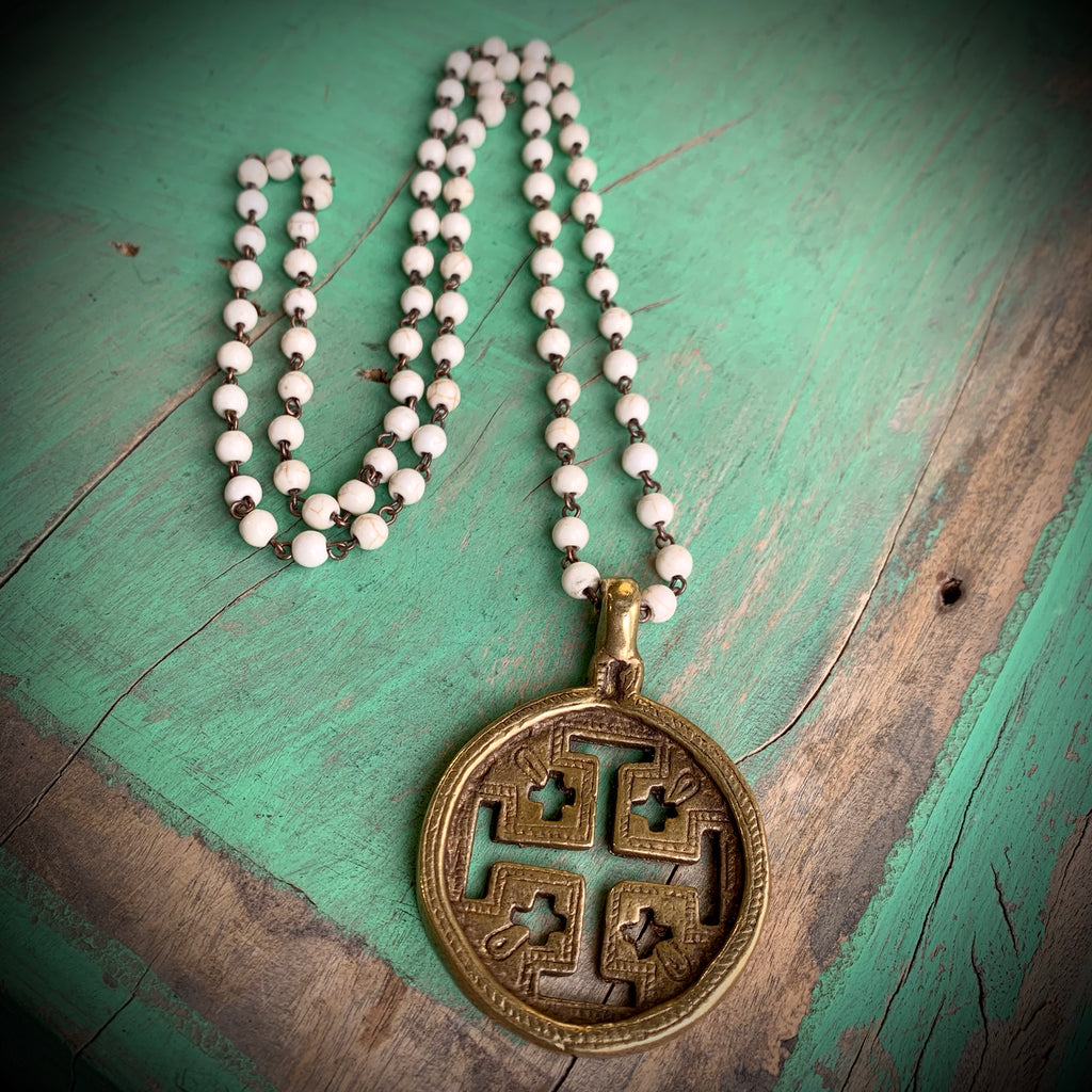 Big Brass Medals on Howlite Beaded Chain