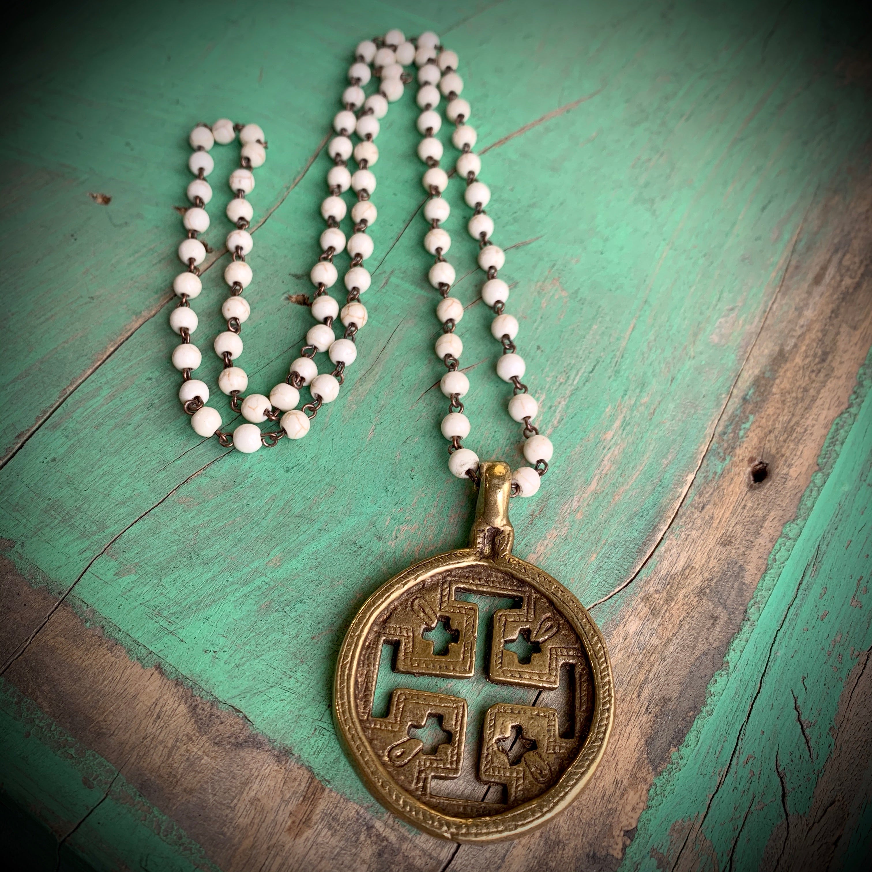 Big Brass Medals on Howlite Beaded Chain