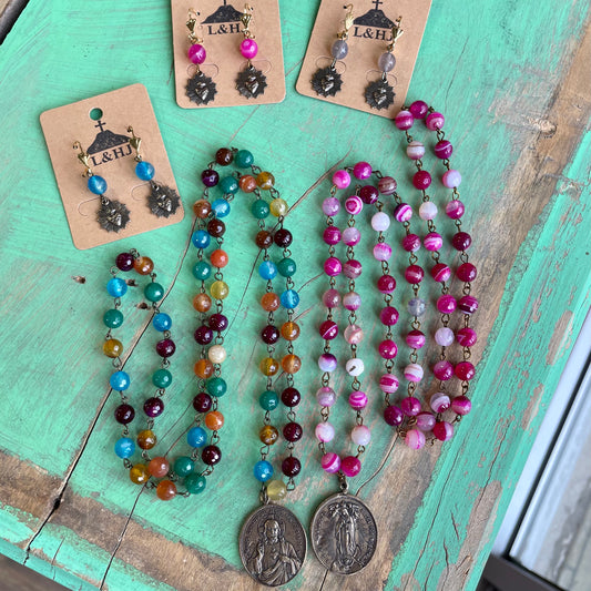 Long Agate Beaded Mary/Jesus Necklace and Earrings