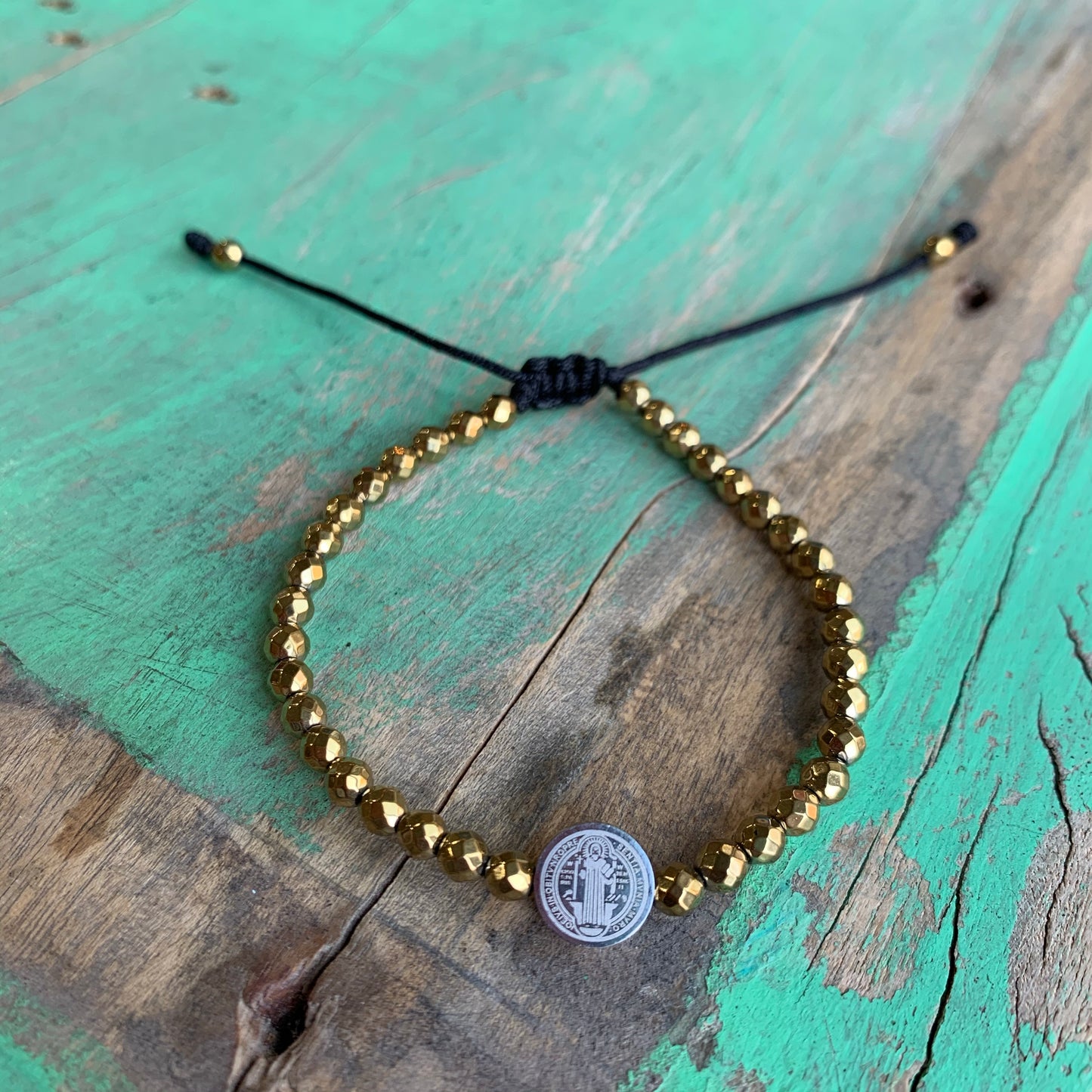 St Benedict and Hematite String Bracelet