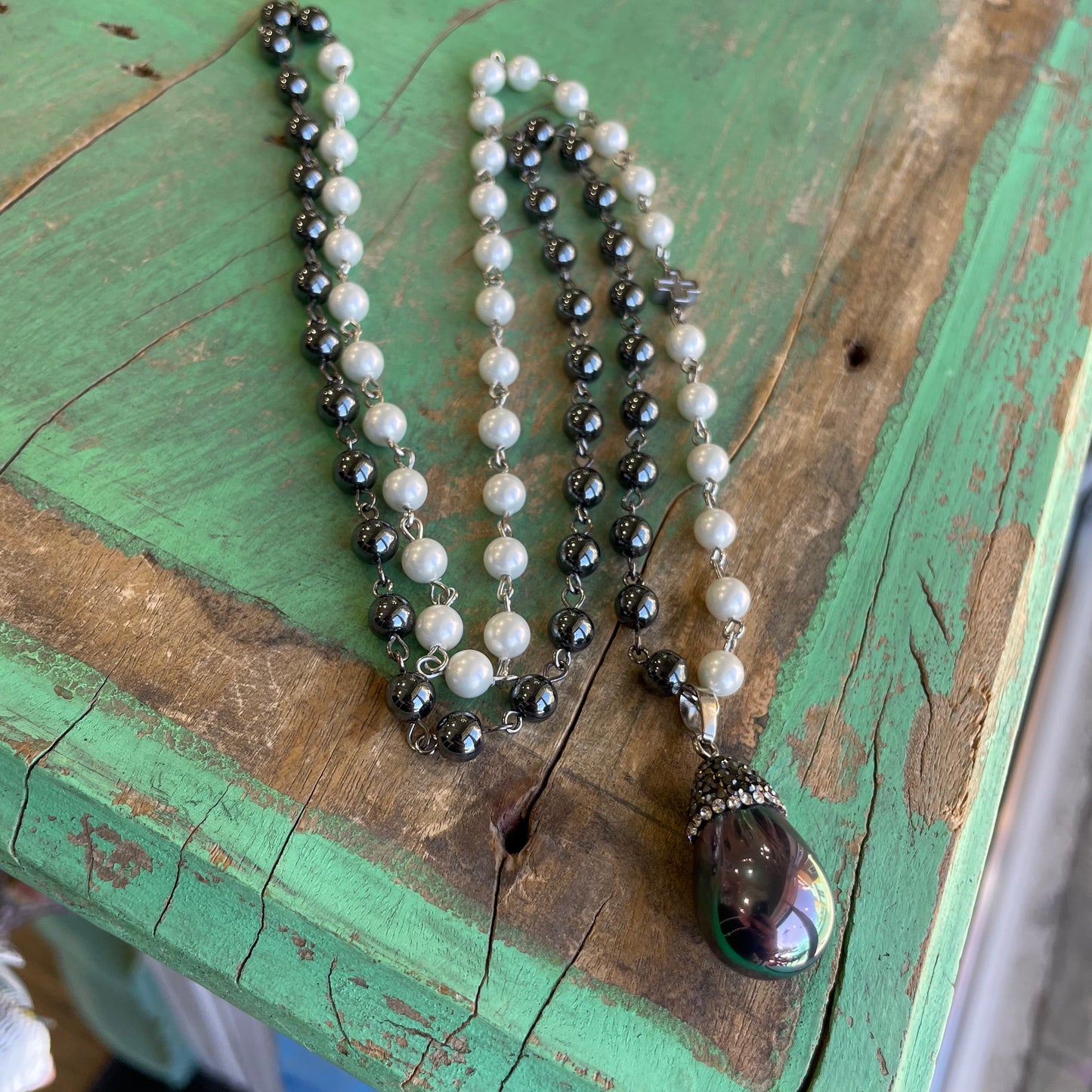 Hematite and Pearl Drop Necklace