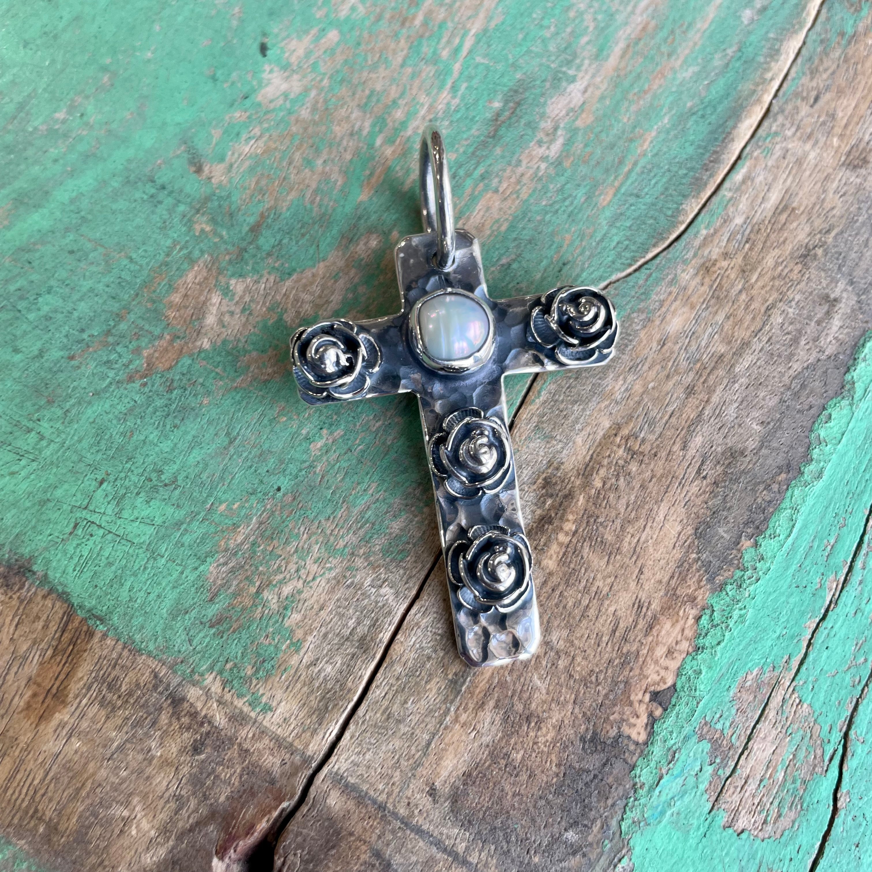 Sterling Silver Rose and Pearl Cross