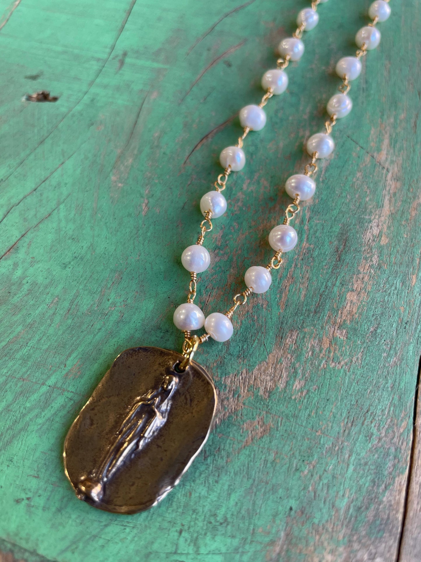 Pearl Bronze Mary Necklace