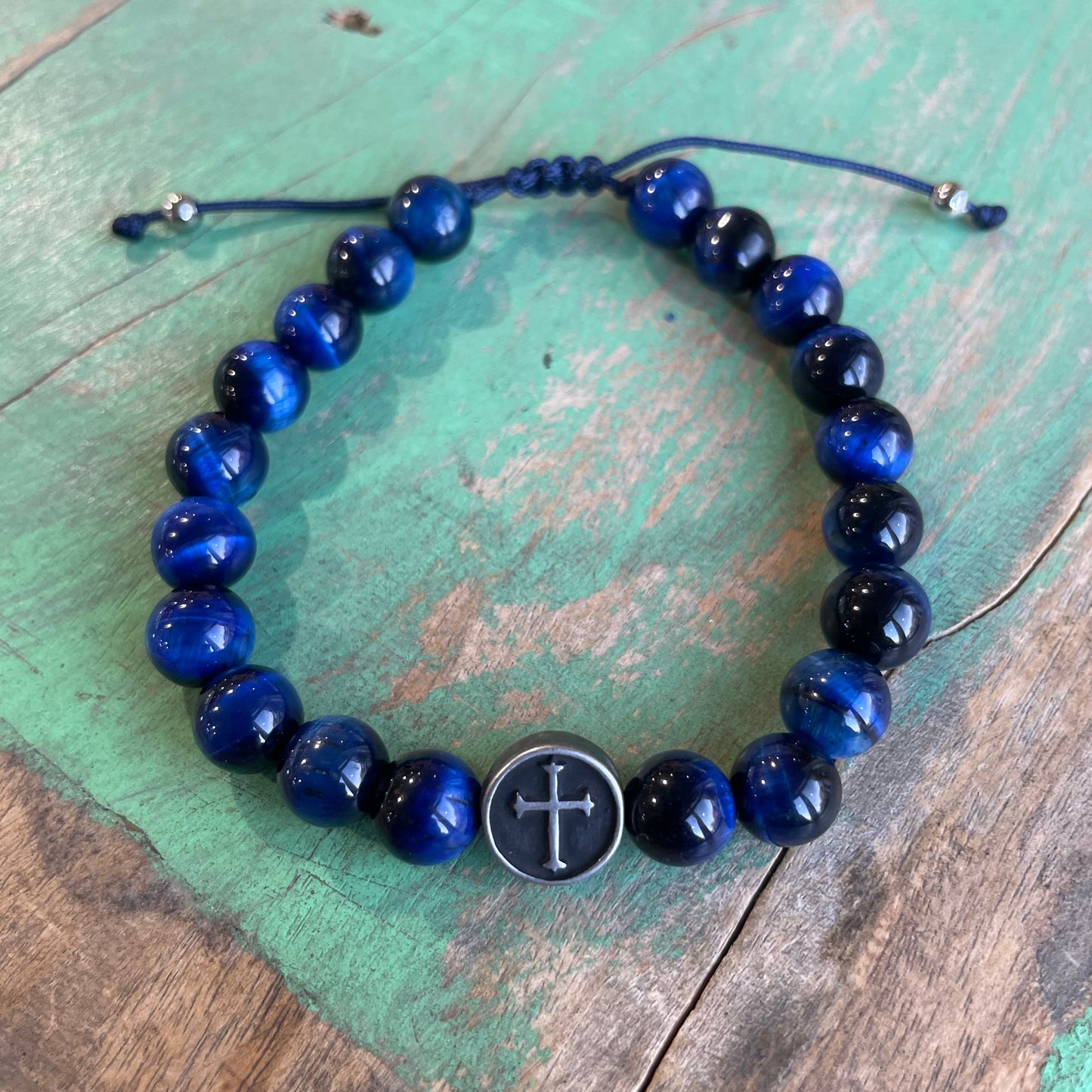 Blue Tiger Eye Bracelet with Cross