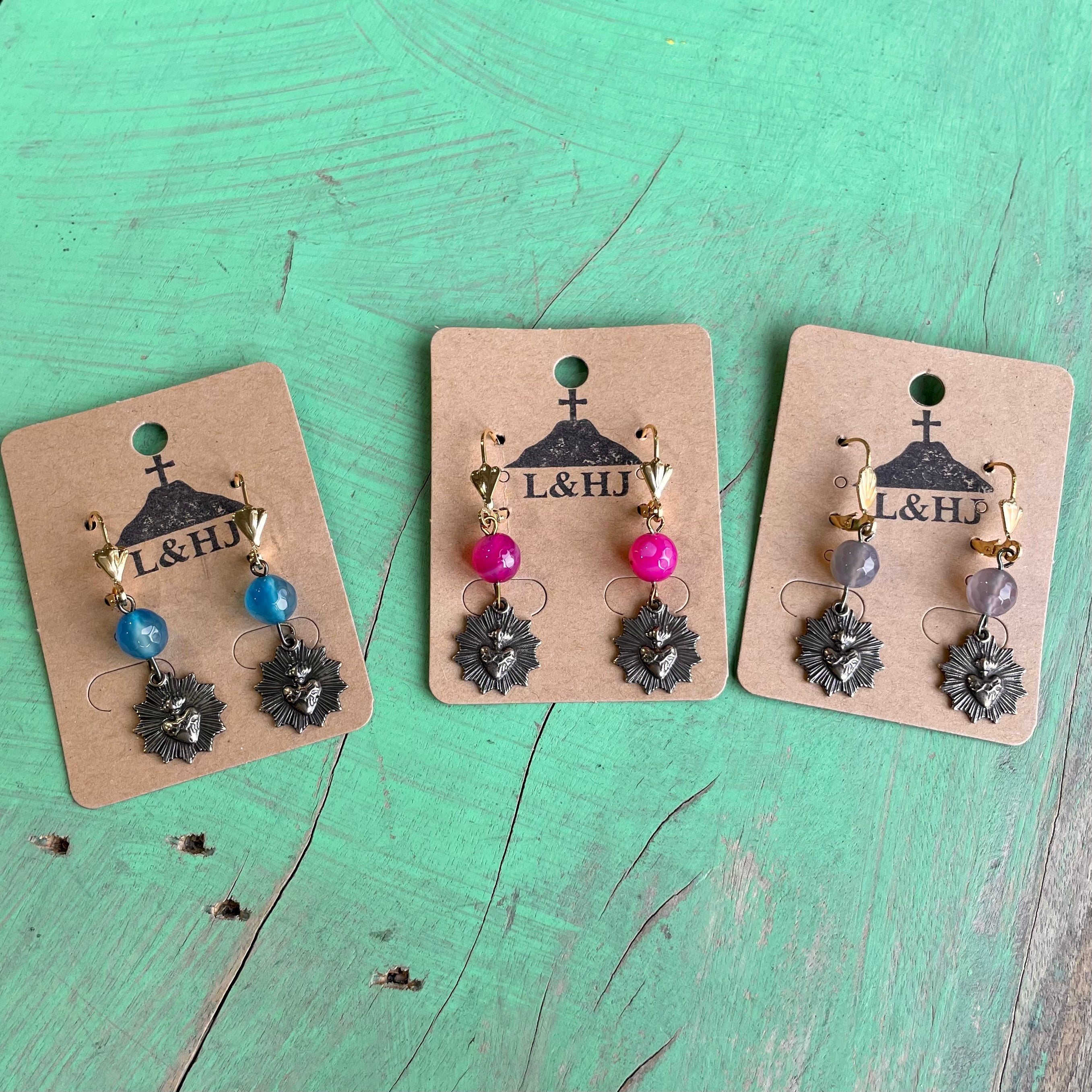 Long Agate Beaded Mary/Jesus Necklace and Earrings