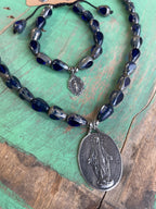 Blue Czech Glass Miraculous Medal Necklace, Earrings, and Bracelet